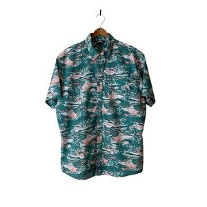 Eddie Bauer Baja Shirt Mens Medium Green Tropical Island Print Button Up Size XL
